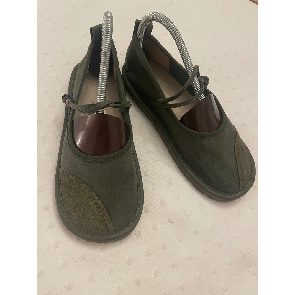 Green Leather Lagenlook Mary Jane Flats Suede Accent Wide Toe Box Size 39